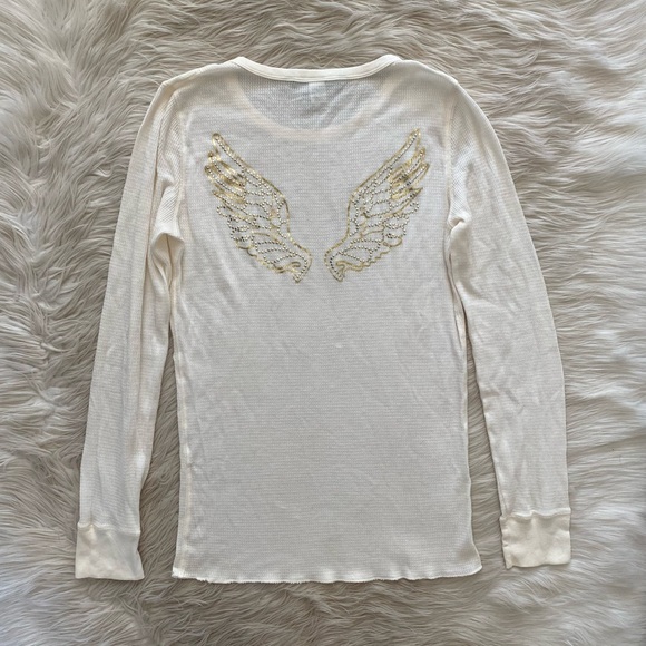 Victoria’s Secret Cream Gold Angel Wings Embellished Thermal Long Sleeve Pj Top - Picture 6 of 10